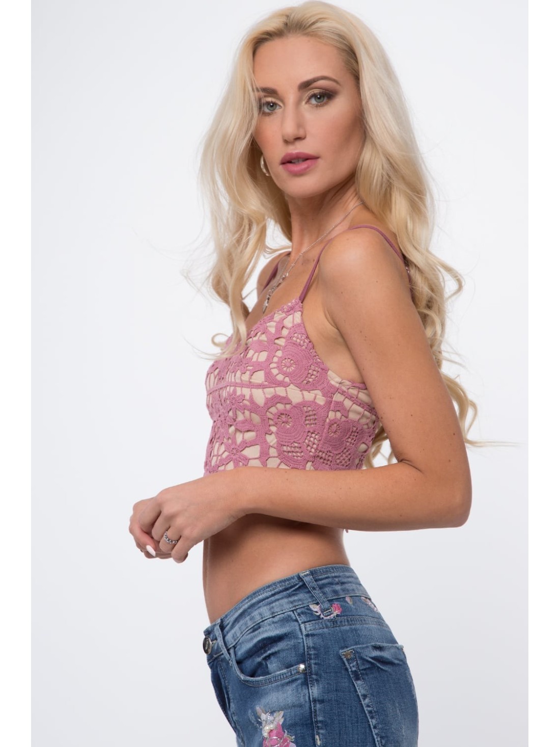 Lace top with zipper, purple ZZ263 - Online store - Boutique